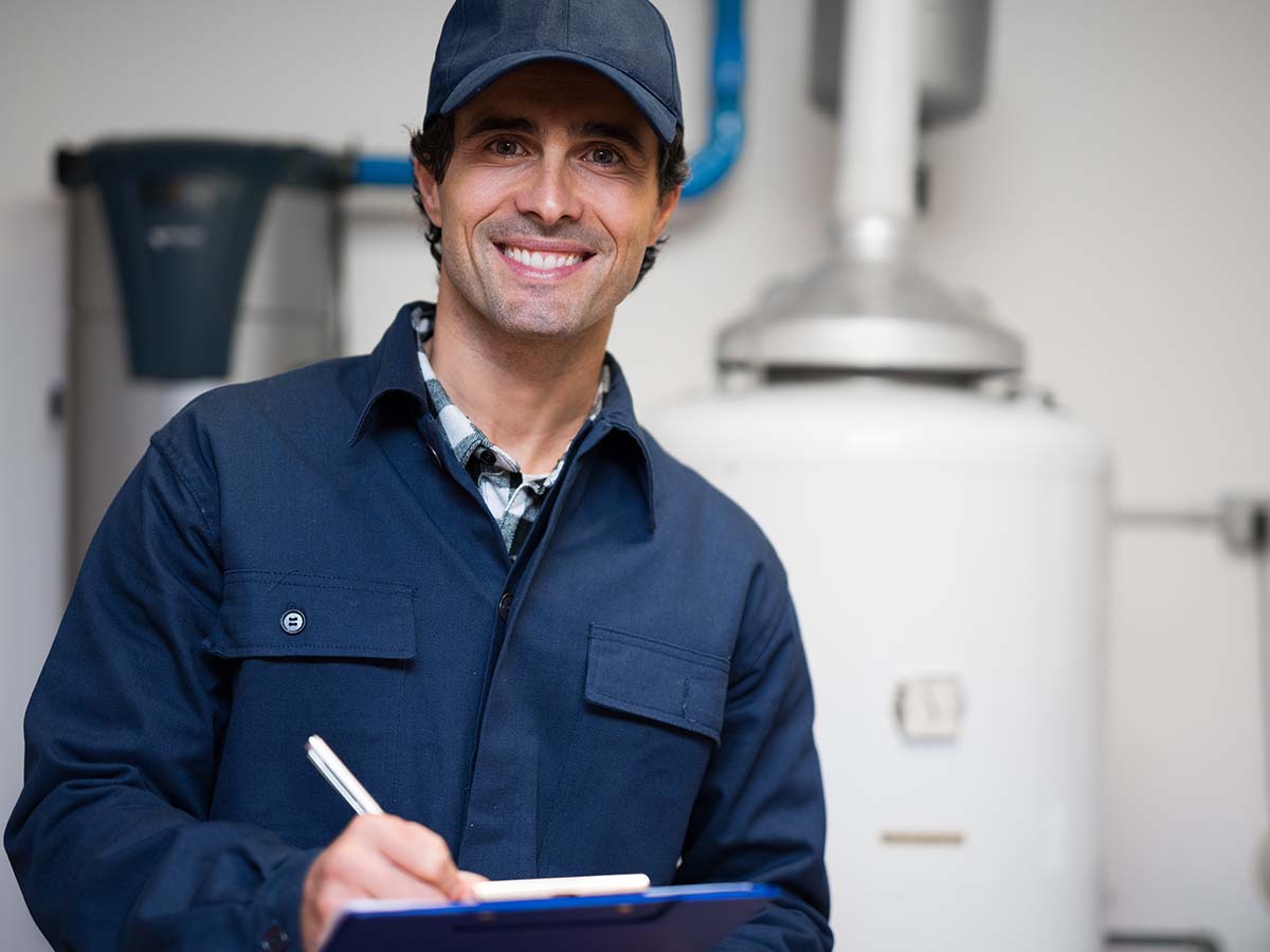Technician servicing a hot-water heater.