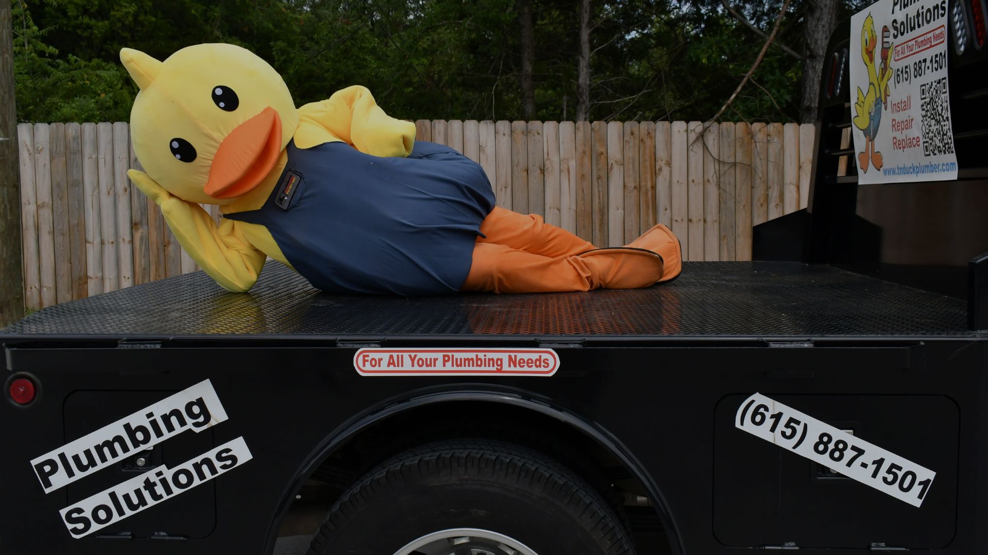 Drippy the Duck mascot on Plumbing Solutions truck