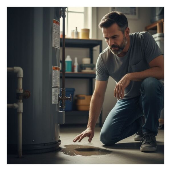 homeowner looking at a water heater leak