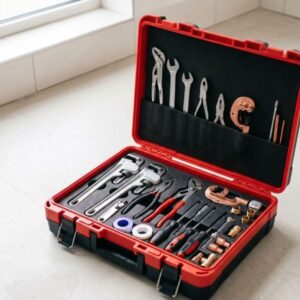 A professional red and black plumbing tool kit opened on a clean, light-colored floor showing various wrenches and tools.