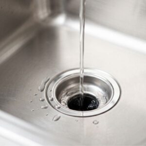 A steady stream of clear water flowing efficiently down a clean, stainless steel kitchen sink drain.