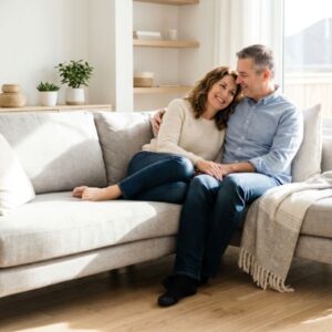 A happy middle-aged couple relaxing comfortably together on a grey sofa in a bright, modern living room.