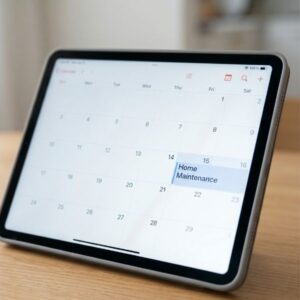A close-up of a digital tablet on a wooden table displaying a calendar with a highlighted "Home Maintenance" reminder.