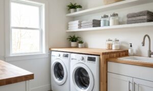 A bright and sunlit modern laundry room featuring white cabinetry, wood countertops, and neatly organized shelves.
