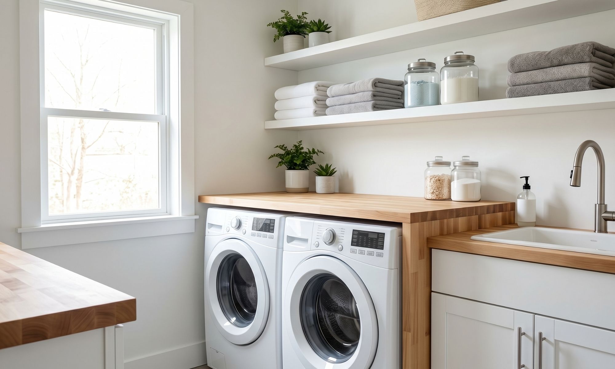 A bright and sunlit modern laundry room featuring white cabinetry, wood countertops, and neatly organized shelves.