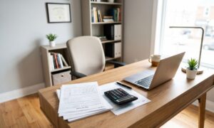 A clean, professional home office desk with tax return documents, a black calculator, a laptop, and a pen, bathed in bright morning light.