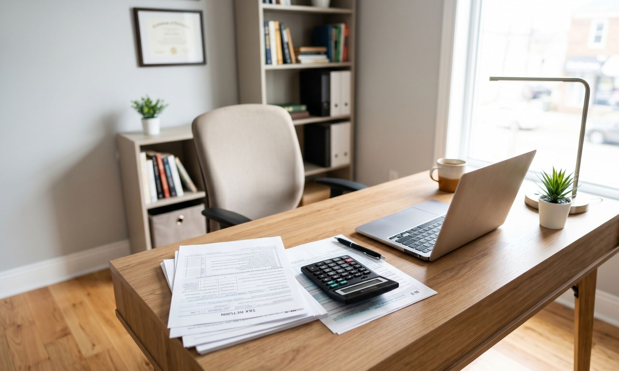 A clean, professional home office desk with tax return documents, a black calculator, a laptop, and a pen, bathed in bright morning light.