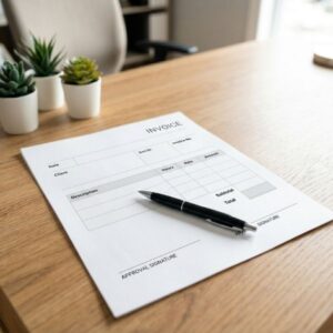 A high-angle close-up of a professional, blank invoice template with a black pen resting on it, sitting on a light oak wooden desk.