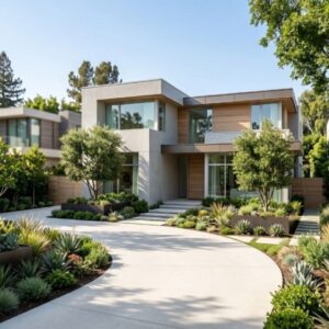A modern, high-end luxury home exterior featuring minimalist architecture, a clean concrete driveway, and professional desert-style landscaping.