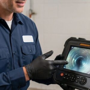 A professional plumber in a navy uniform showing a digital pipe inspection screen to a focused woman in a modern basement setting.