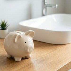 A cream-colored ceramic piggy bank sitting on a light wood bathroom counter next to a clean white vessel sink, symbolizing home savings.