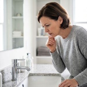 A concerned woman leaning over a bathroom counter looking intently at a sink faucet in a modern bathroom.