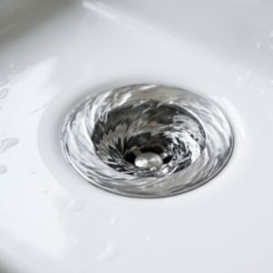 Clear water swirling rapidly and efficiently down a clean white porcelain bathroom sink drain.