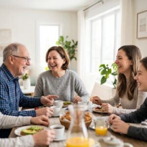 A multi-generational family laughing and talking together while enjoying a meal at a bright dining table.