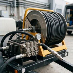 Professional industrial-grade high-pressure hydro-jetting equipment mounted on a trailer for sewer cleaning.