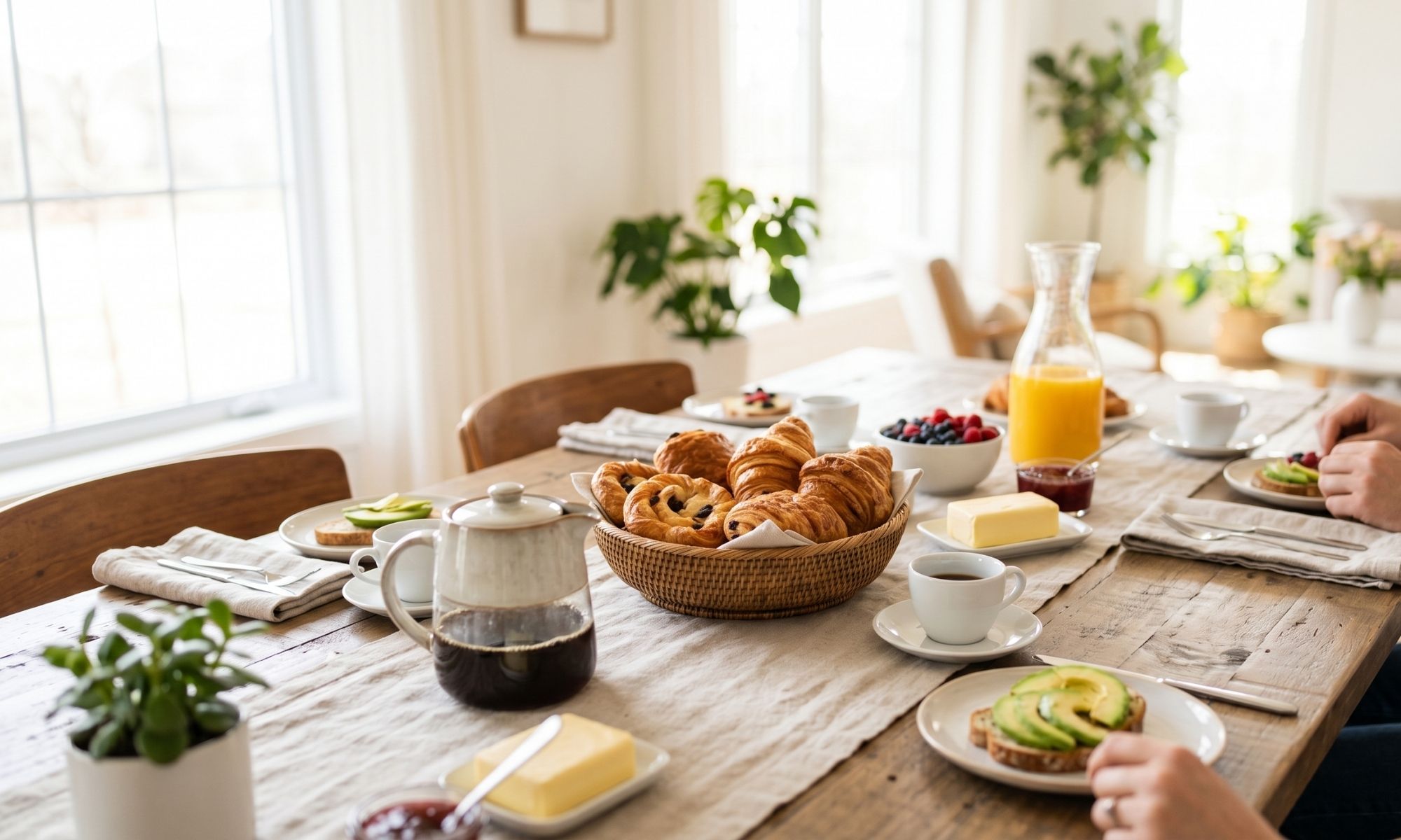 A beautifully set wooden dining table prepared for brunch with fresh pastries, coffee, and fruit in the morning light.